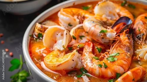 Delicious seafood dish featuring fresh shrimp, herbs, and vibrant broth, ideal for capturing culinary delights.