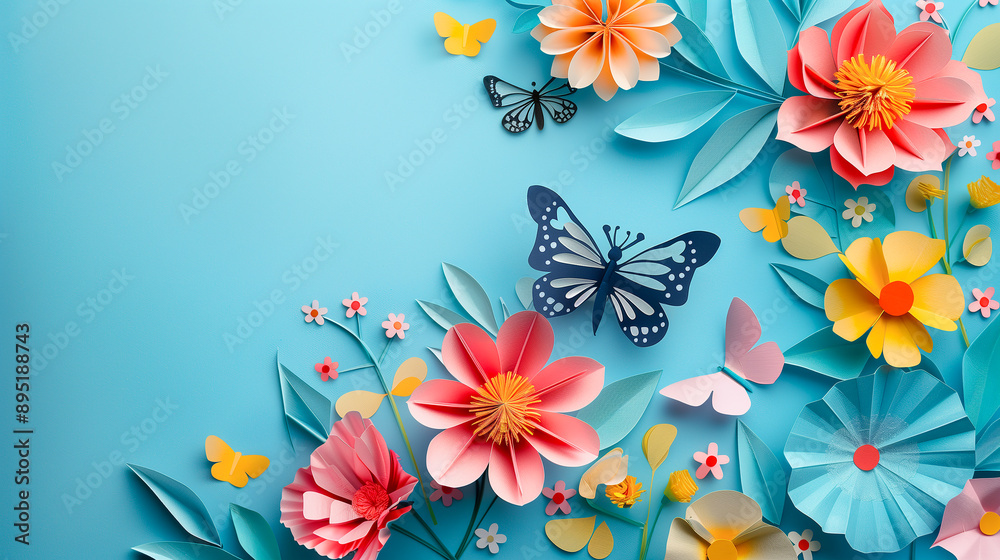 Charming scene of colorful paper craft flowers and a butterfly against a light blue background, generative ai