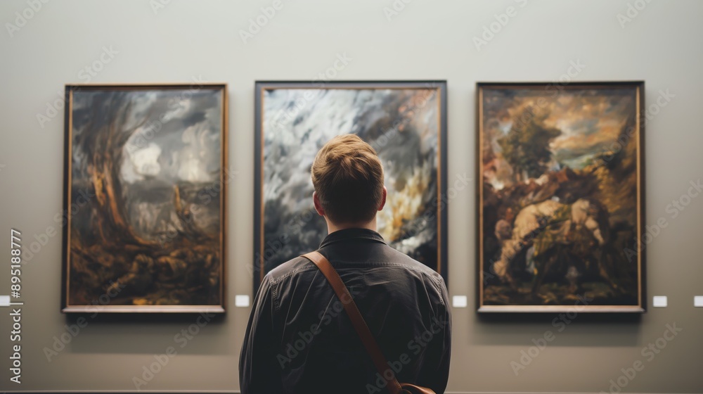 Art admirer in gallery. Man observing three abstract paintings in a modern art gallery. Ideal for content related to art appreciation, culture, and exhibitions. Art admirer in gallery. Man observing three abstract paintings in a modern art gallery. Ideal for content related to art appreciation, culture, and exhibitions.