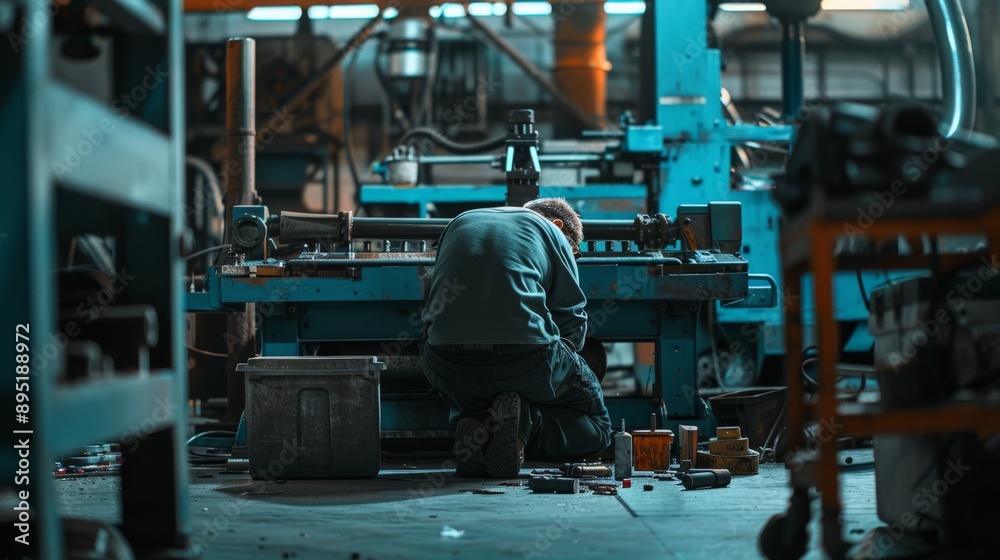 Man performing maintenance on machinery in a factory Man performing maintenance on machinery in a factory