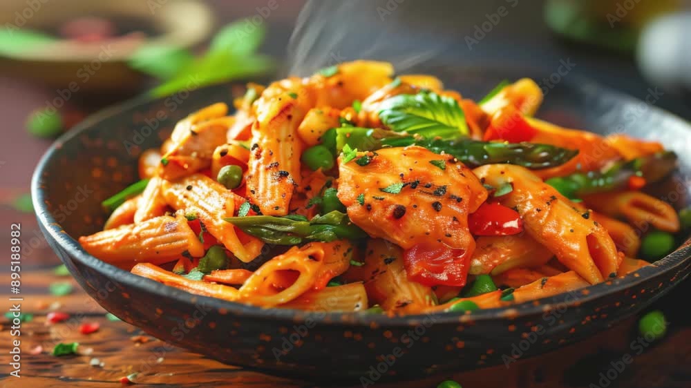 Creamy chipotle chicken penne pasta with asparagus, peppers, green peas, onion and garlic close-up in a bowl on the table. horizontal top view from above Creamy chipotle chicken penne pasta with asparagus, peppers, green peas, onion and garlic close-up in a bowl on the table. horizontal top view from above