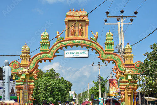 Entrance Arch Pandole of Nainativu Nagapooshani Amman Temple (Nagapoosani Amman Kovil), Nainativu (Nagadeepaya), Jaffna, Sri Lanka. Translation: 