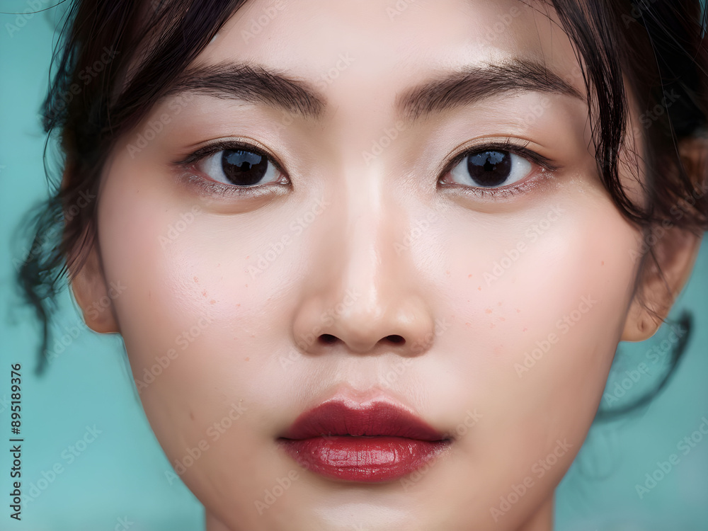 Close-up of asianwoman's face cyan background Close-up of asianwoman's face cyan background