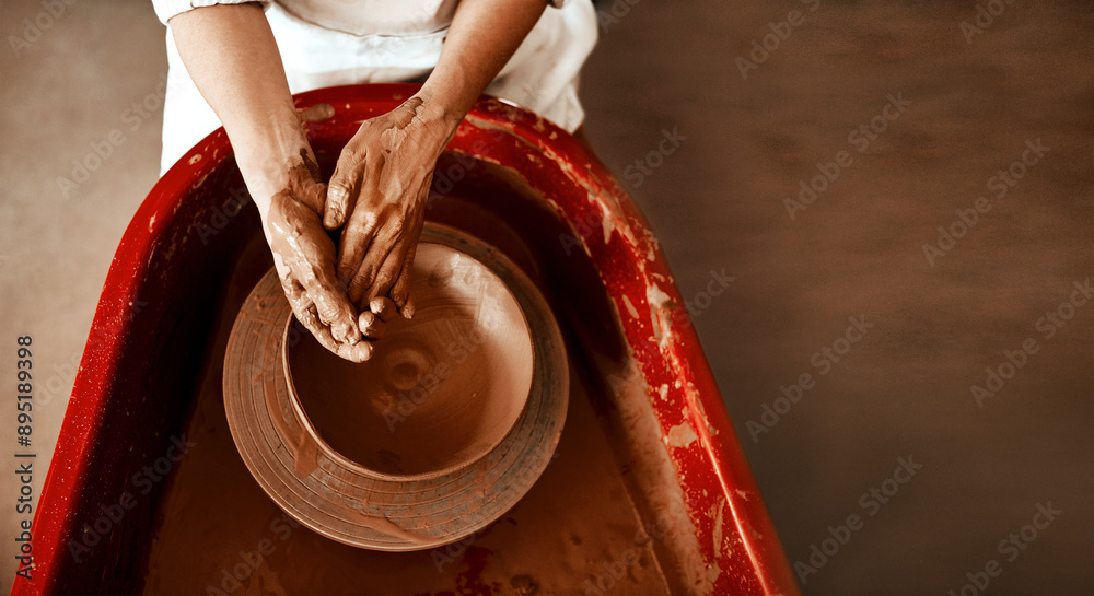Fototapeta premium Top view, hands and pottery in workshop for production, art deco and development for startup. Clay, artistic person and creativity or talent in small business for project and sculpture for retail