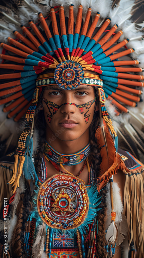Obraz premium American native aboriginal man, International Day of the World's Indigenous Peoples, banner copy space