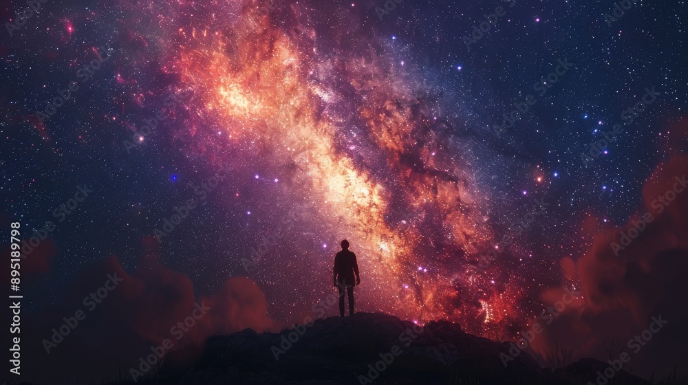 A serene meditative figure, radiating balanced light, with the Milky Way galaxy above, symbolizing the interconnectedness of inner and outer energies. A serene meditative figure, radiating balanced light, with the Milky Way galaxy above, symbolizing the interconnectedness of inner and outer energies.