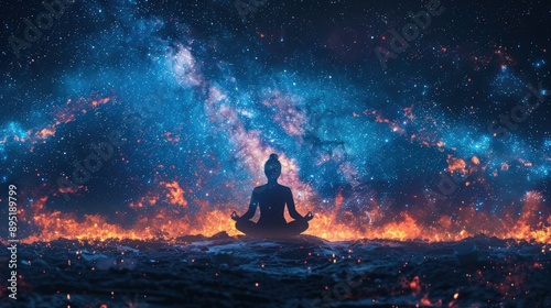 A Bohemian-style meditator surrounded by glowing symbols of spiritual awakening, under the vast Milky Way galaxy, depicting a state of perfect balance. © bonz