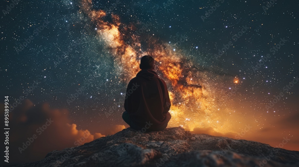 A serene character in meditation, enveloped in light and dark energies, with the Milky Way galaxy above, symbolizing spiritual awakening and balance. A serene character in meditation, enveloped in light and dark energies, with the Milky Way galaxy above, symbolizing spiritual awakening and balance.