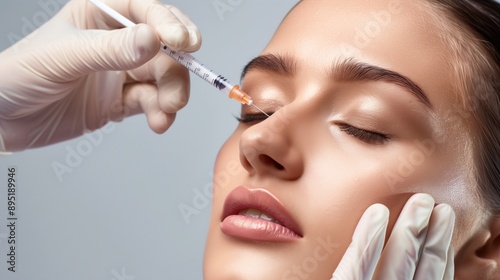 Woman getting filler injected into her nose for cosmetic enhancement - liquid rhinoplasty 
