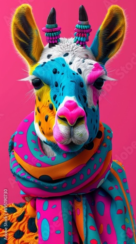 Vibrant Portrait of a Colorfully Painted Llama with Bright Accessories and Pink Background