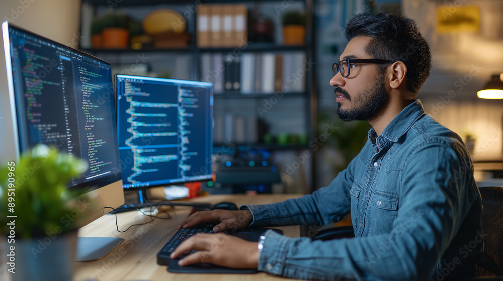 Male programmer at work, man coding and sitting in front of a monitor at a computer