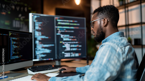 Male programmer at work, man coding and sitting in front of a monitor at a computer