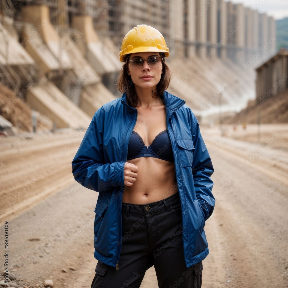 A woman wearing a yellow hard hat and a blue jacket stands on a dirt road. A woman wearing a yellow hard hat and a blue jacket stands on a dirt road.
