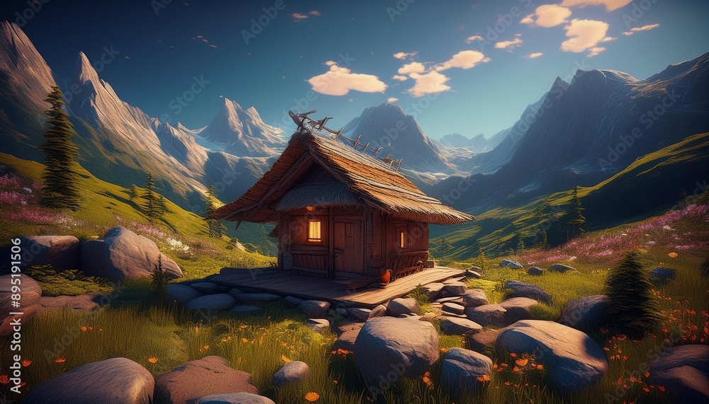 Fototapeta premium Small hut meditation break in the mountains