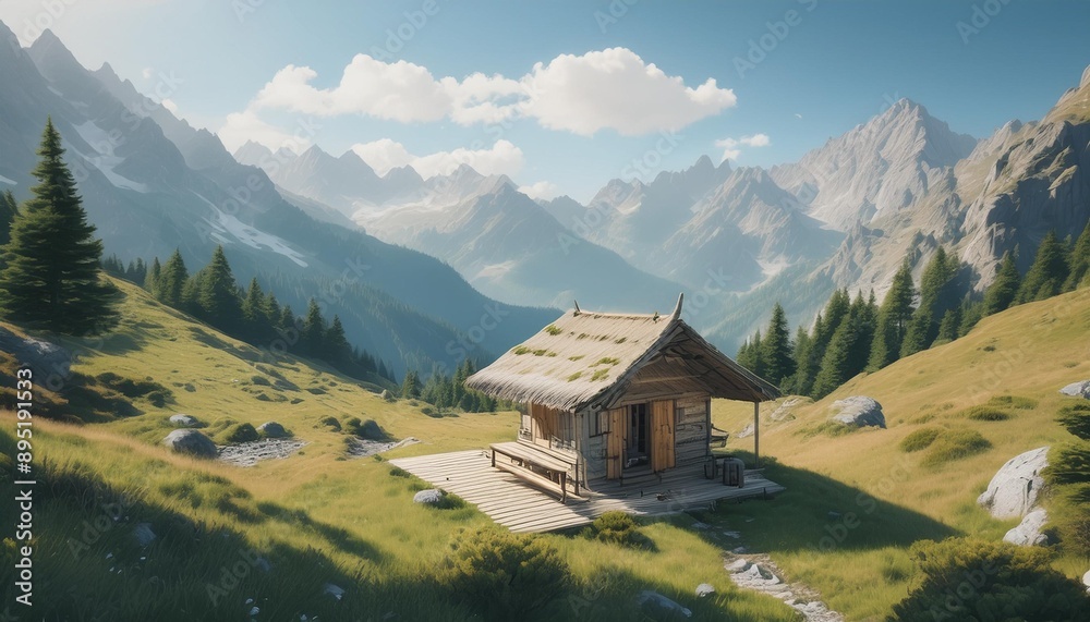Obraz premium Small hut meditation break in the mountains