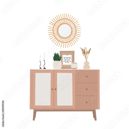 Home interior furniture and decor. Commode, mirror, plants in vases, candles.  Modern bedroom design in Scandinavian style. Hand drawn vector design