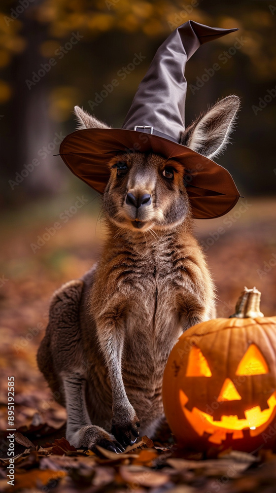 Cute halloween kangaroo with witch's hat, pumpkin and jack-o-lantern. Australian halloween. Vertical frame fot instagram story or tiktok Cute halloween kangaroo with witch's hat, pumpkin and jack-o-lantern. Australian halloween. Vertical frame fot instagram story or tiktok
