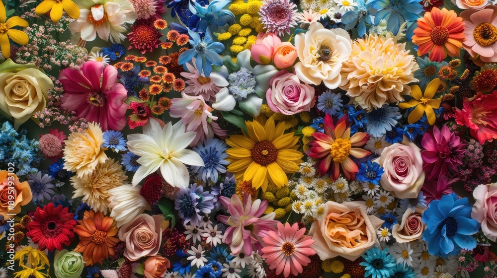 Varied hues of fake flowers on backdrop, mixed vibrant floral texture; suitable for product display, abstract nature background.