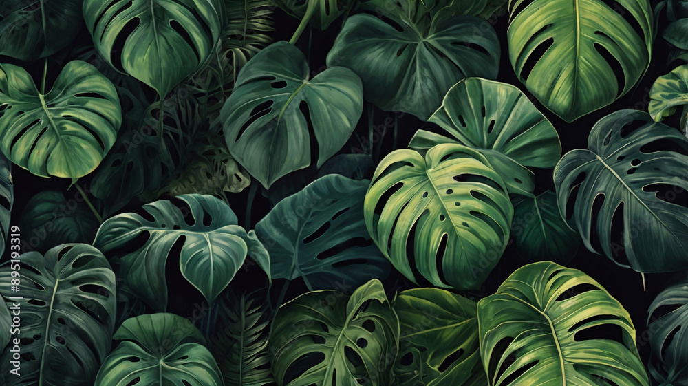 Tropical leaves background, banner with green floral pattern Tropical leaves background, banner with green floral pattern