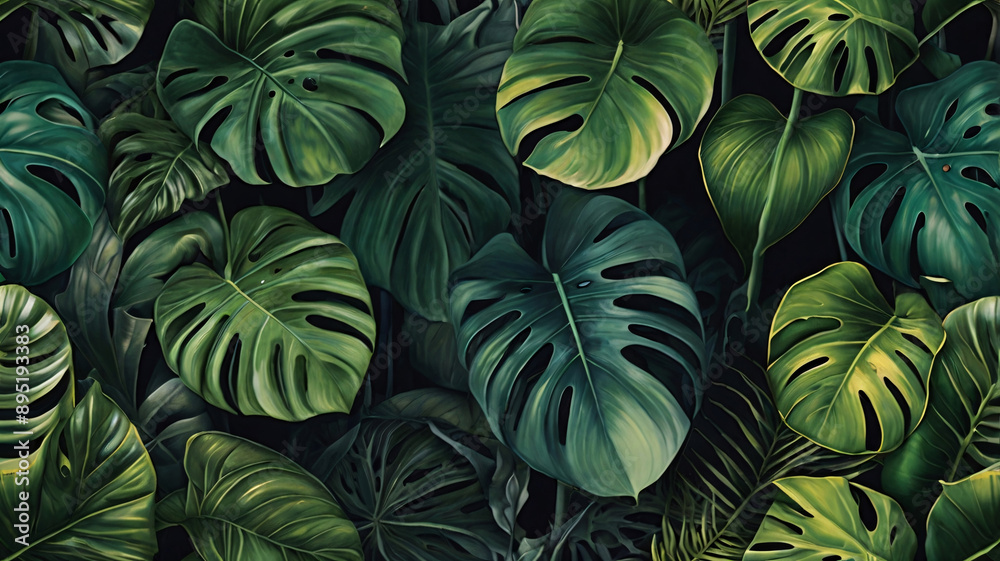 Tropical leaves background, banner with green floral pattern Tropical leaves background, banner with green floral pattern