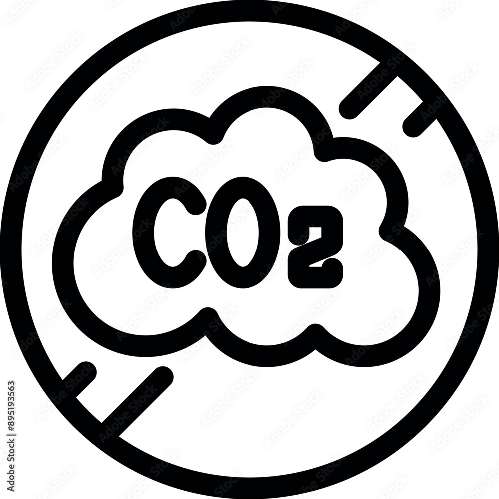 Simple bold line icon of a cloud with co2 text crossed out inside a circle for sustainability Simple bold line icon of a cloud with co2 text crossed out inside a circle for sustainability