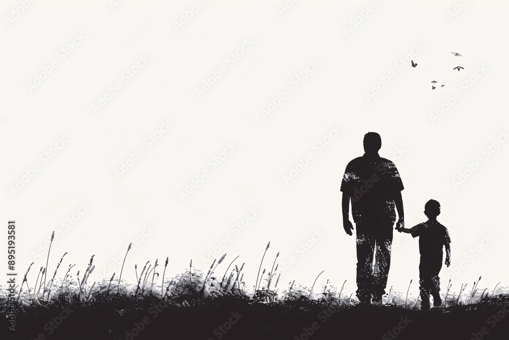 Silhouette of a man and child holding hands standing on grassy ground with birds in the background Silhouette of a man and child holding hands standing on grassy ground with birds in the background