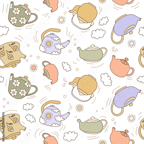 Teapots, cups and kettles doodle seamless cozy pattern. Vector cute tea kettles and mugs print. Vintage ceramic or porcelain kitchen tableware collection.