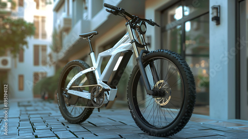 rendering, an electric mountain bike with a white body and black wheels parked on the street outside modern buildings photo