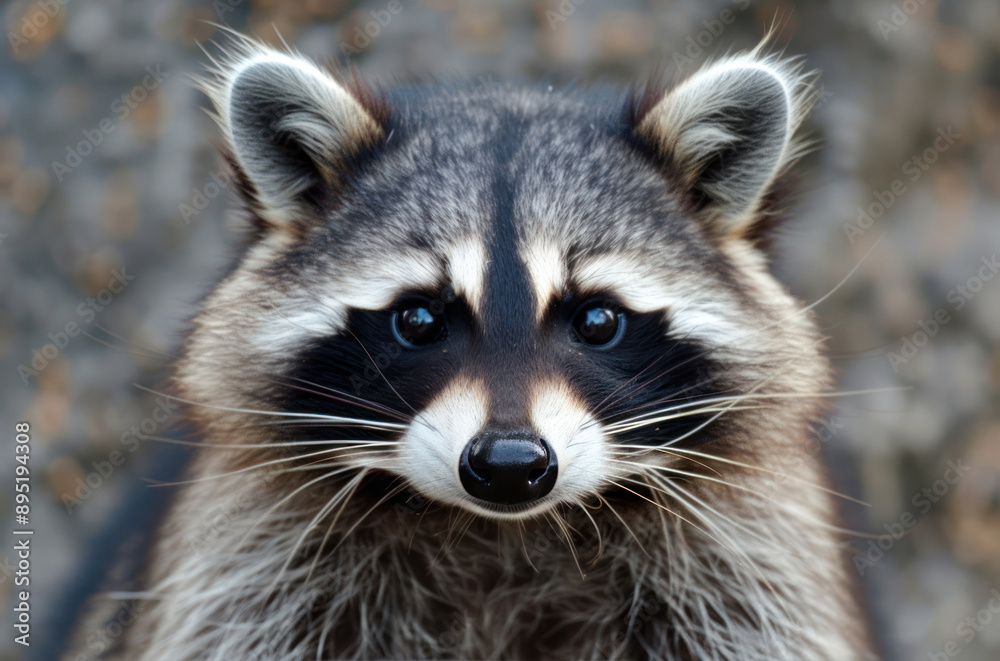 Furry raccoon looking at the camera close-up with blurred background Furry raccoon looking at the camera close-up with blurred background