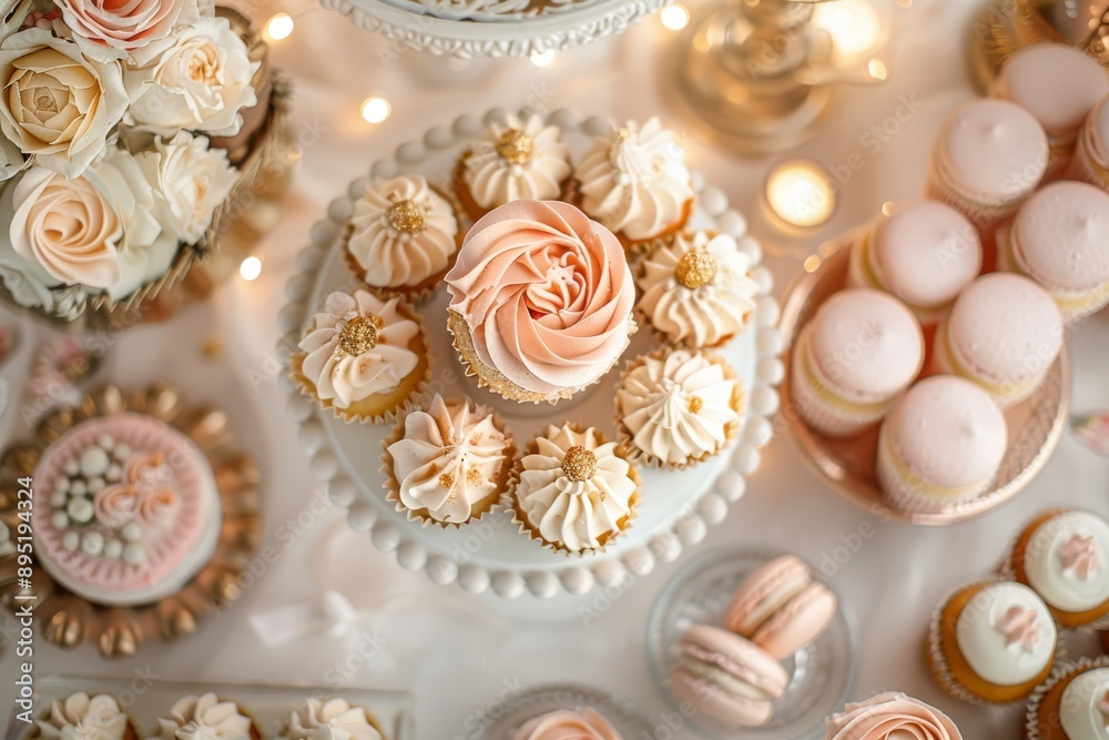 Fototapeta premium Elegant dessert table with various baked goods in the background you can see slightly fuzzy flowers