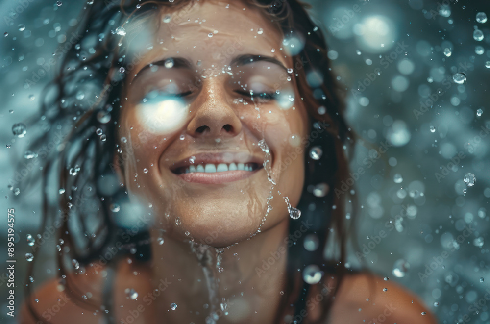 Beautiful young woman smiling in splashing water drops close-up with blurred bokeh background Beautiful young woman smiling in splashing water drops close-up with blurred bokeh background