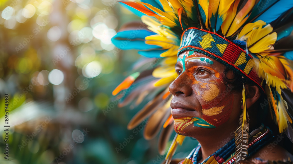 Amazonian native aboriginal man, International Day of the World's Indigenous Peoples, banner copy space Amazonian native aboriginal man, International Day of the World's Indigenous Peoples, banner copy space