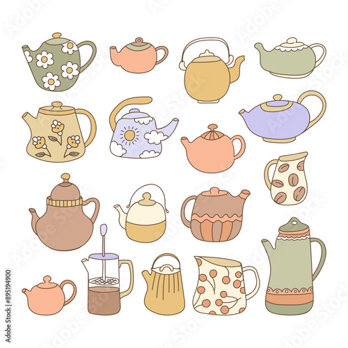 Different hand drawn porcelain, faience, ceramic teapots doodles collection. Cute kitchen tableware vector illustration. Tea and coffee making set of vintage doodle kettle various shape.