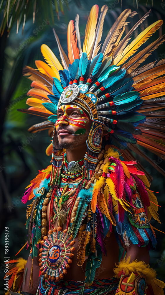 Amazonian native aboriginal man, International Day of the World's Indigenous Peoples, banner copy space Amazonian native aboriginal man, International Day of the World's Indigenous Peoples, banner copy space