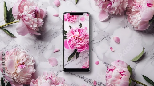 Fototapeta Naklejka Na Ścianę i Meble -  Mockup of smartphone featuring pink peonies on elegant background for app design demo