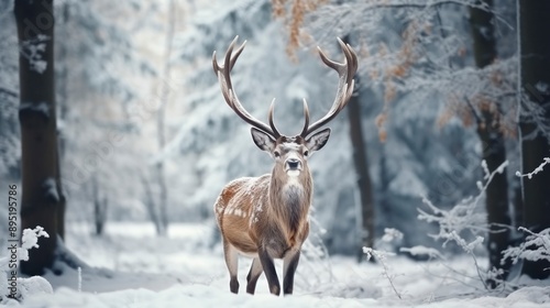 Deer in winter forest. Wild animal in winter forest. Wildlife scene.