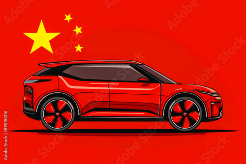 Stylized illustration of a modern red electric SUV against the Chinese flag backdrop, highlighting automotive innovation in China and Chinese car industry.