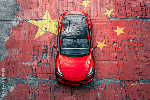 Top view of a red electric car parked on a worn Chinese flag painted surface, symbolizing automotive growth in China.
