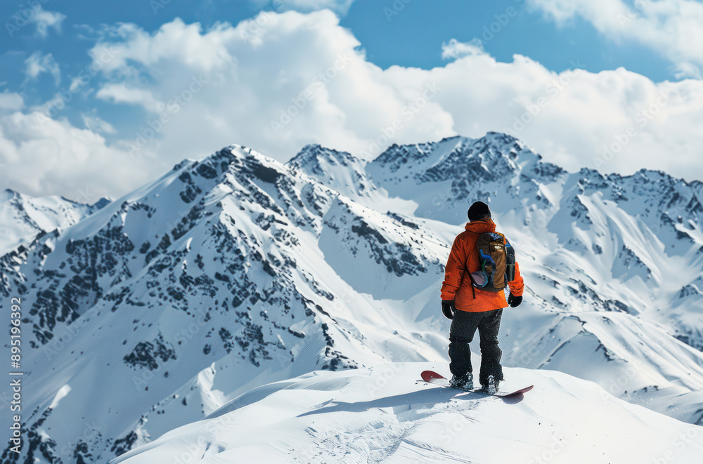 Snowboarder standing high in the mountains covered with snow. View from the back. Snowboarder standing high in the mountains covered with snow. View from the back.