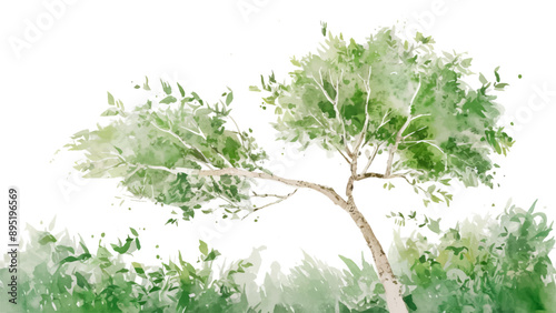 Watercolor painting of a tree branch reaching outward against a transparent background