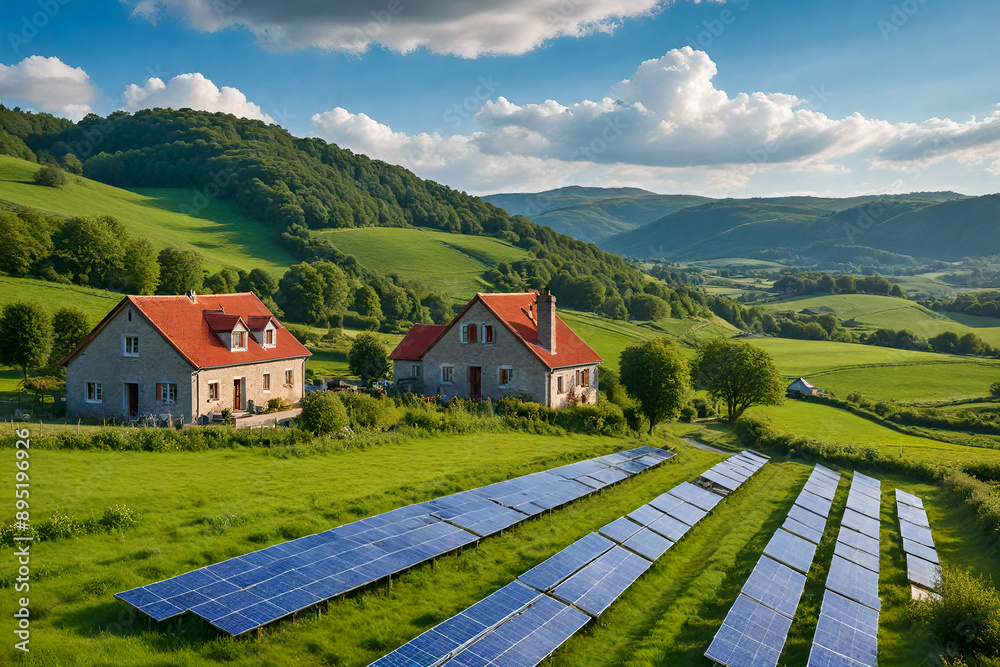 Two houses in a sunny valley in the green countryside, with rows of photovoltaic panels in a large plot of land nearby. Sustainable, ecological and economical energy concept.
