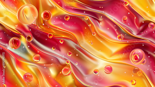 Waves, ruffles and bubbles, sweet, pink, red, yellow and golden colors  Horizontal banner. Abstract 3D backgroubd photo