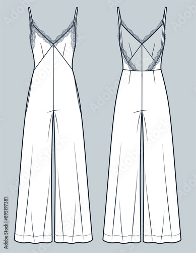 Jumpsuit with Lace trim technical fashion illustration. Wide Leg Jumpsuit fashion flat technical drawing template, back zipper, straps, front and back view, white, women CAD mockup.