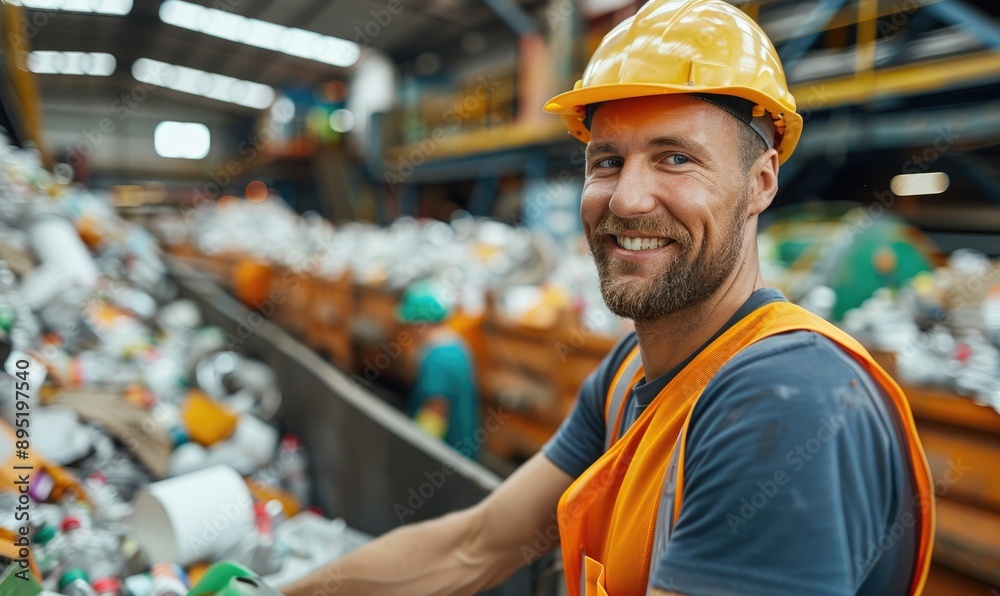 Handsome Waste Sorting Plant Employee Diligently Working: A Snapshot of Sustainable Efforts Handsome Waste Sorting Plant Employee Diligently Working: A Snapshot of Sustainable Efforts