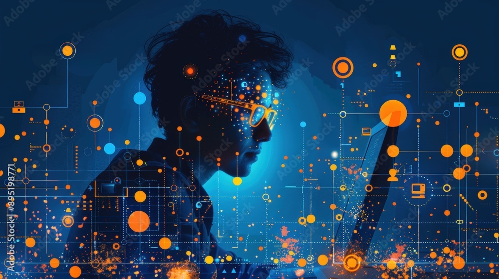 Transparent background image of someone at their computer, with AI elements and web design tools around them. The blue and orange theme highlights AI-driven web design content on the laptop. Center Transparent background image of someone at their computer, with AI elements and web design tools around them. The blue and orange theme highlights AI-driven web design content on the laptop. Center