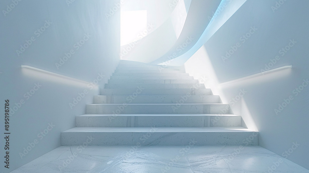 Fototapeta premium A minimalist staircase with a clean white design and a hidden smart home control panel, perfect for modern interior design and smart living.