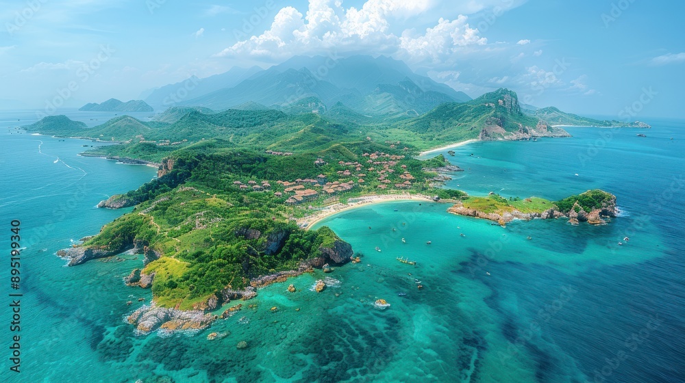 Fototapeta premium Aerial View of Tropical Island with Lush Green Hills and Pristine Turquoise Waters