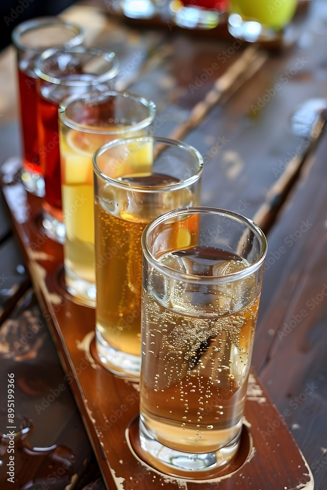 Four Glasses of Refreshing Drinks on Wooden Tray Four Glasses of Refreshing Drinks on Wooden Tray
