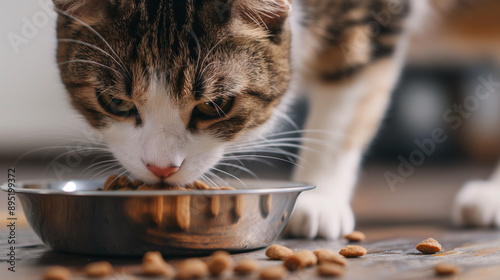 Domestic cat eats dry cat food from a cat bowl closeup