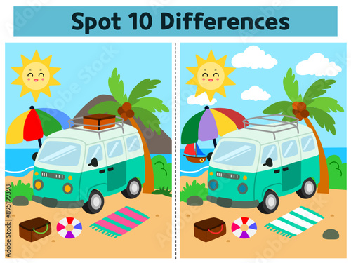 Camping van spot the differences game for preschoolers and kindergarten kids